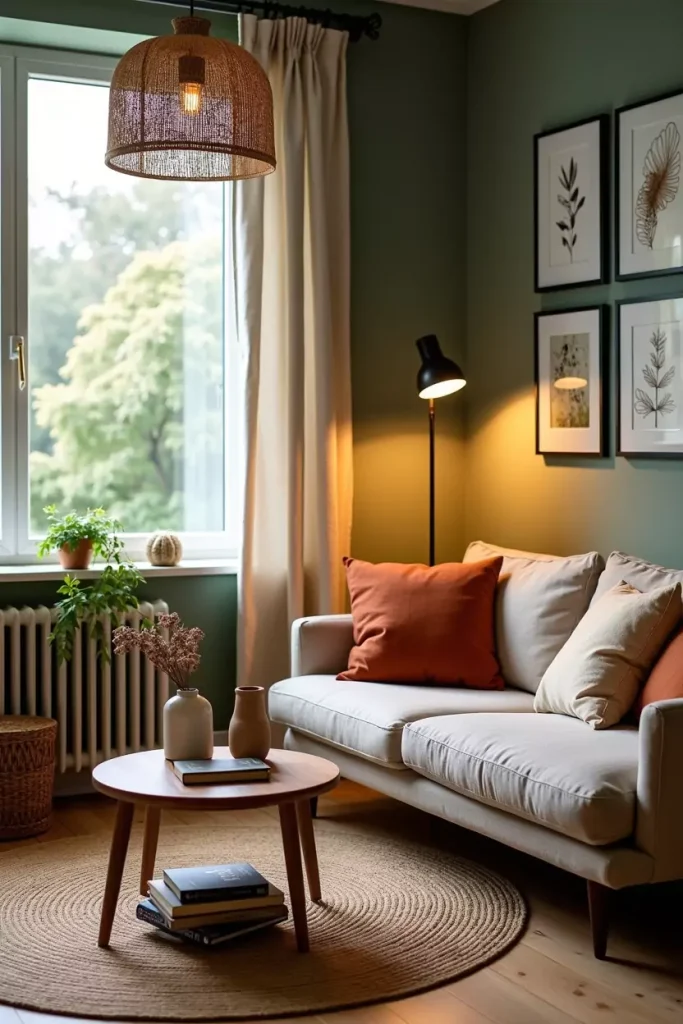 Scandi-boho living room with taupe curtains, sage wall, cozy sofa, and greenery outside window