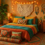 Colorful and cozy boho bedroom with vibrant pillows, plants, and macrame wall decor.