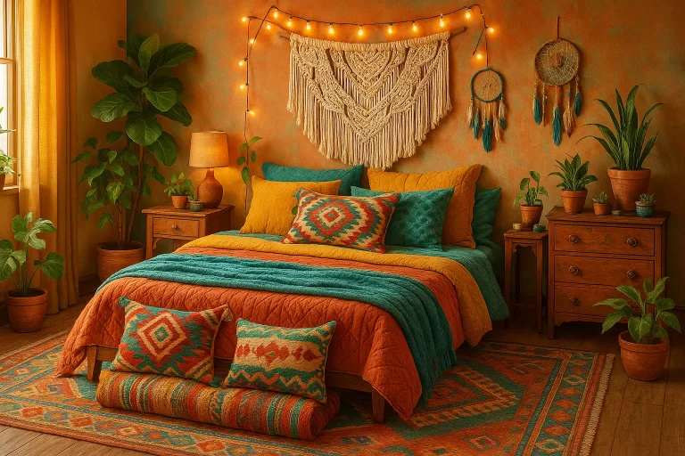 Colorful and cozy boho bedroom with vibrant pillows, plants, and macrame wall decor.