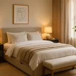 Cozy contemporary bedroom with layered bedding, warm light, and DIY slat wall accent behind the bed