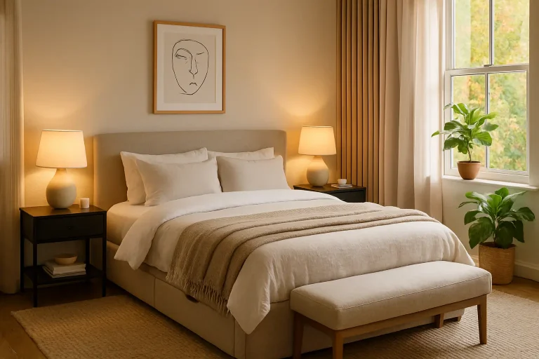 Cozy contemporary bedroom with layered bedding, warm light, and DIY slat wall accent behind the bed