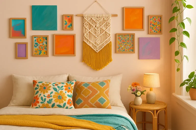 Colorful bedroom with DIY macrame wall, painted art, bright pillows, throws, and cozy boho charm.