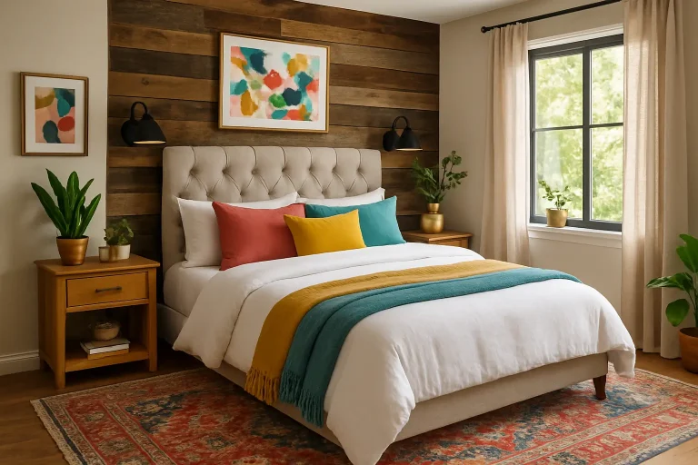 Colorful modern farmhouse bedroom with wood wall, layered bedding, plants, and greenery outside window.