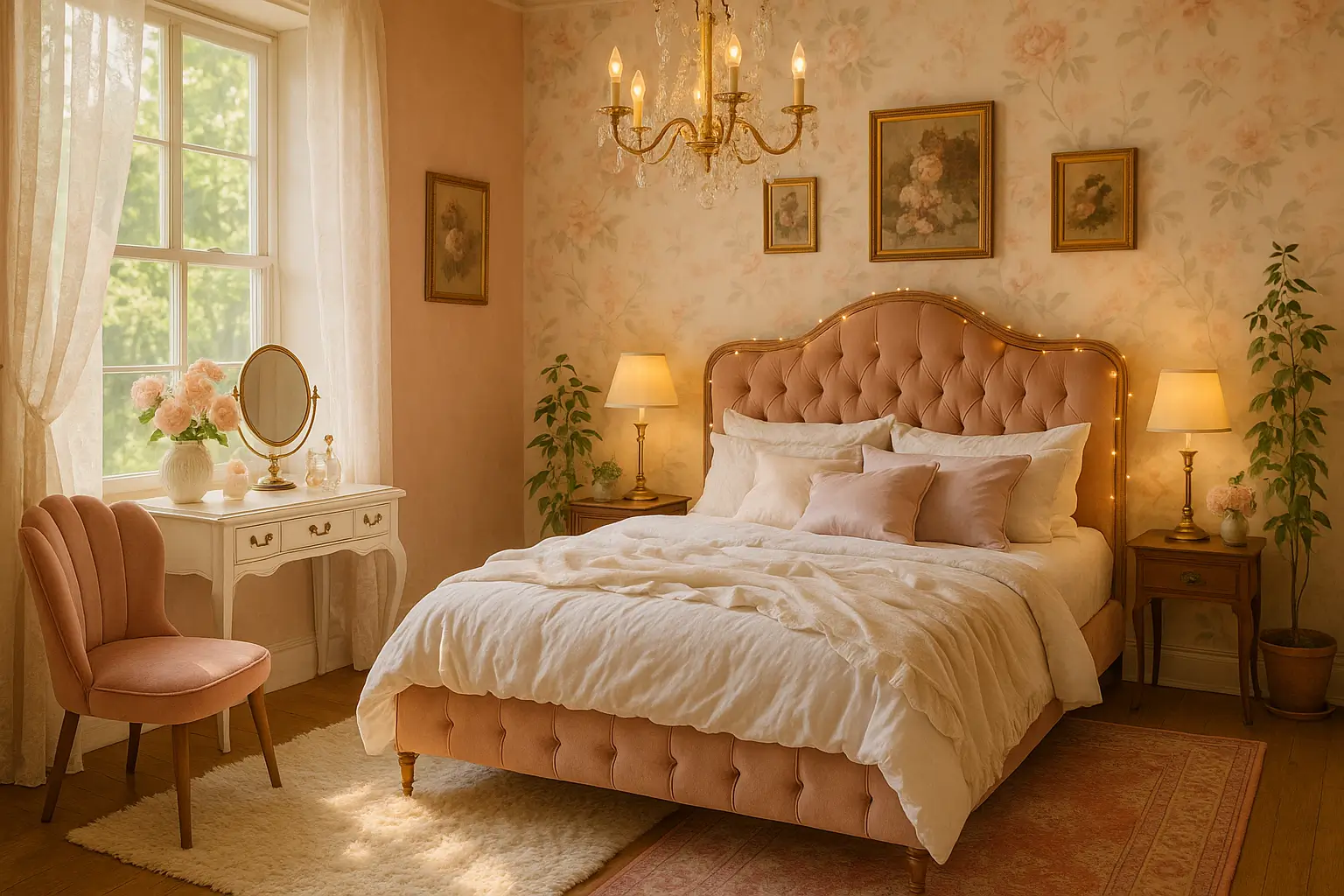 Realistic coquette bedroom with blush tones, vintage furniture, lace curtains, and soft warm lighting.