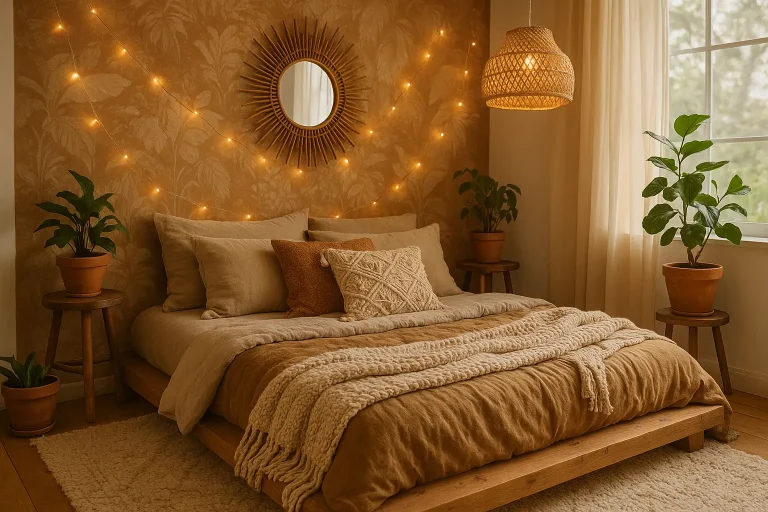 Cozy modern boho bedroom with earthy tones, plants, rattan lighting, layered bedding, and warm textures.