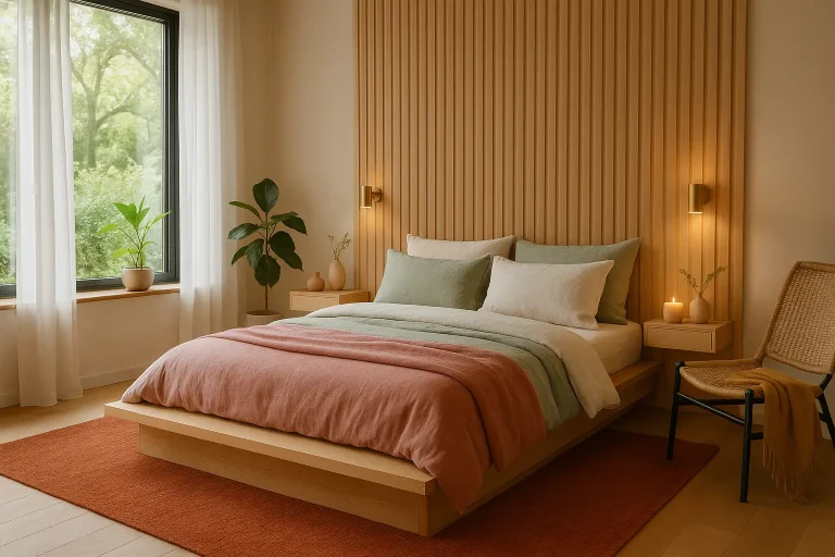 Colorful Japandi bedroom with soft bedding, slat wall, greenery outside, and cozy ambient lighting.