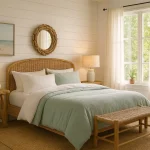 Coastal bedroom with linen bedding, rattan decor, jute rug, and soft natural lighting through window.