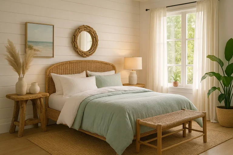 Coastal bedroom with linen bedding, rattan decor, jute rug, and soft natural lighting through window.
