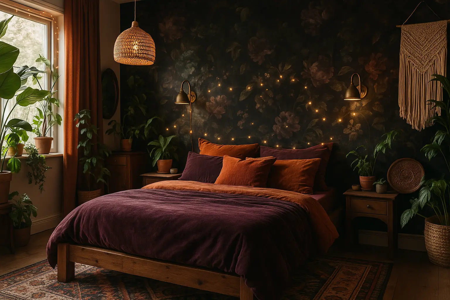 Dark boho bedroom with velvet bedding, floral wallpaper, warm lights, tribal rug, and lush plants.