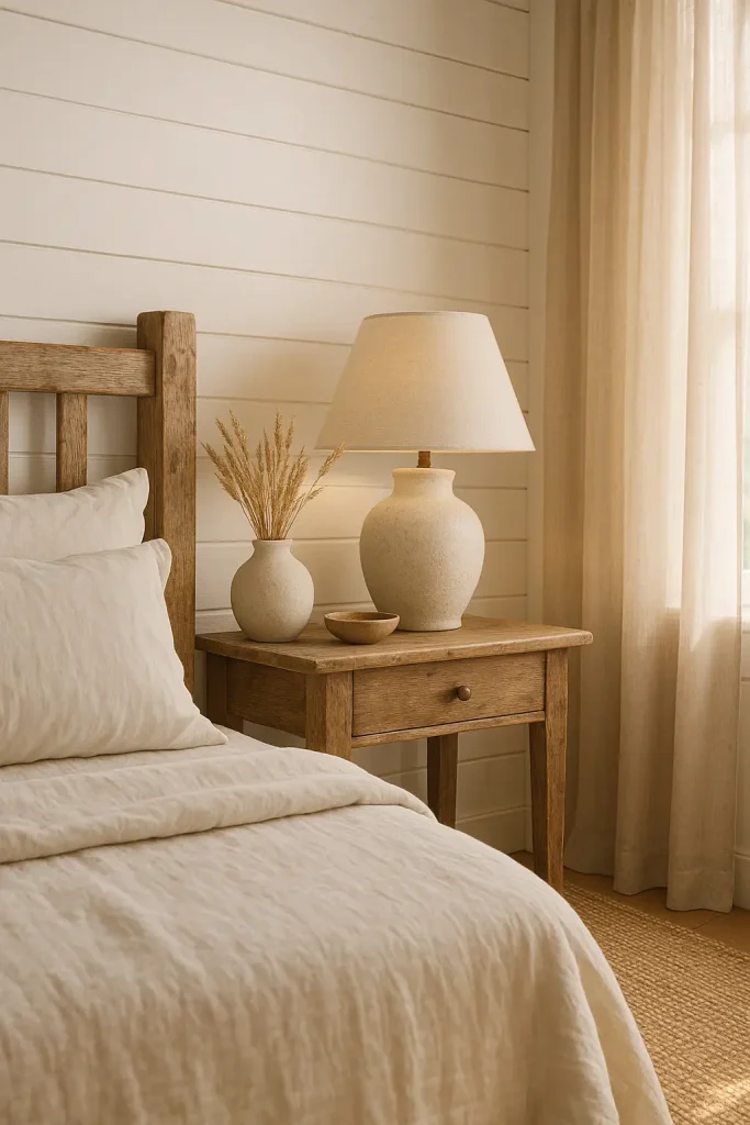 Farmhouse bedroom with rustic ceramic vase and bowl on nightstand, soft bedding, and natural textures.