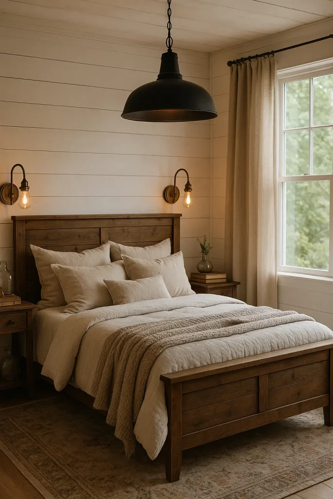 Farmhouse bedroom with vintage lights, cozy bedding, rustic charm, and a view of greenery outside.