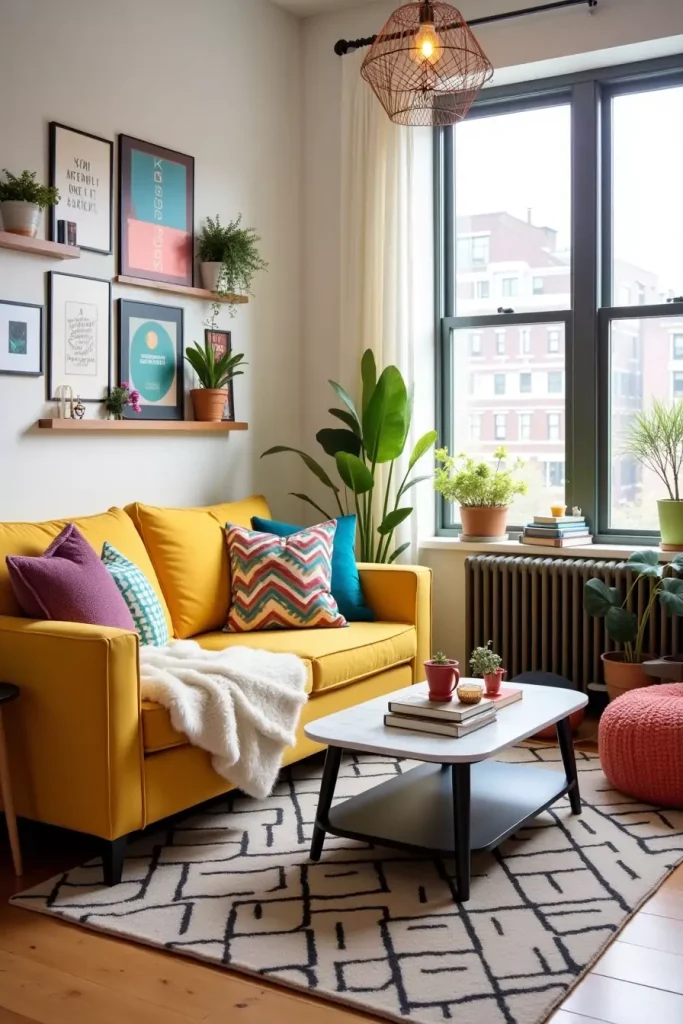 Colorful apartment with budget sofa, DIY decor, statement pillows, plants, and cozy lighting.