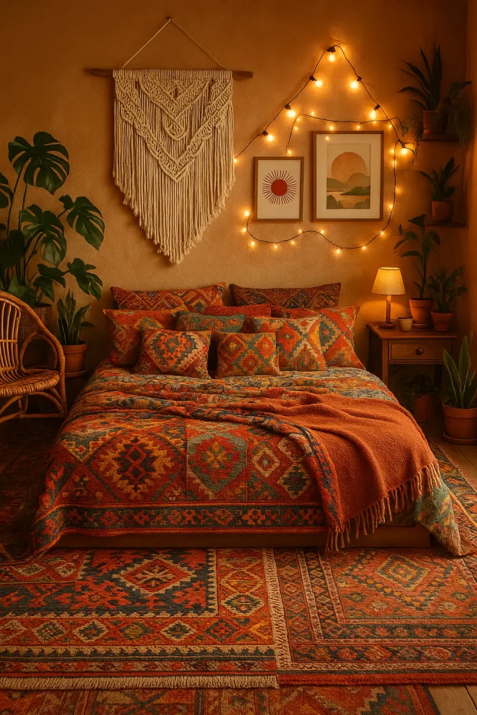 Boho bedroom with layered rugs, macramé wall hanging, vibrant pillows, and eclectic thrifted decor.