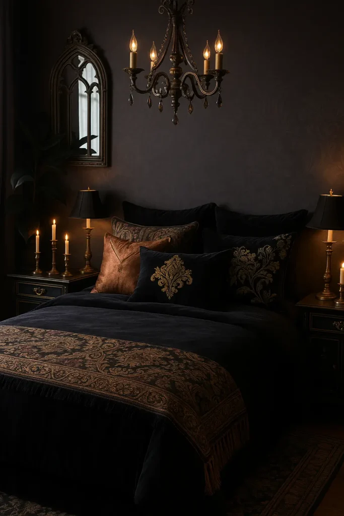 Black velvet duvet with metallic pillows, embroidered cushions, and a patterned throw in a gothic bedroom.