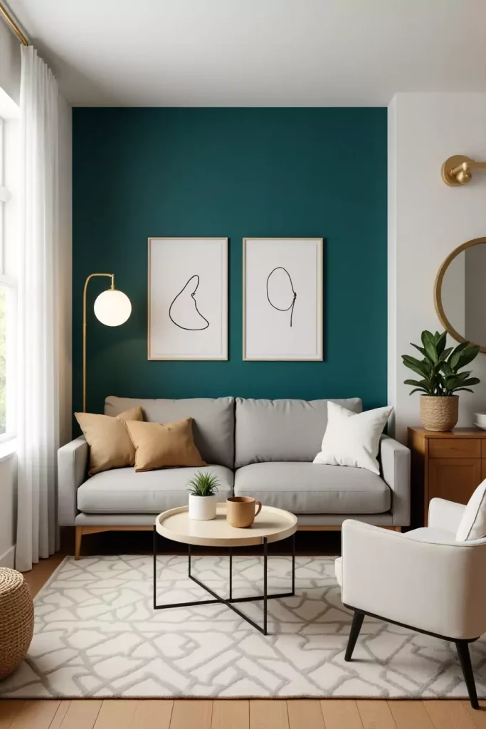 Teal accent wall with beige sofa, plants, window view of greenery, urban buildings, and mountains.
