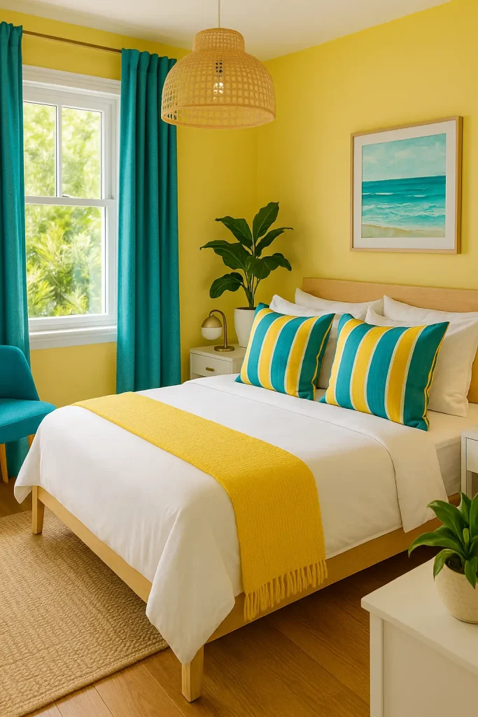 Teal and yellow coastal bedroom with striped pillows, teal curtains, and playful accent decor.