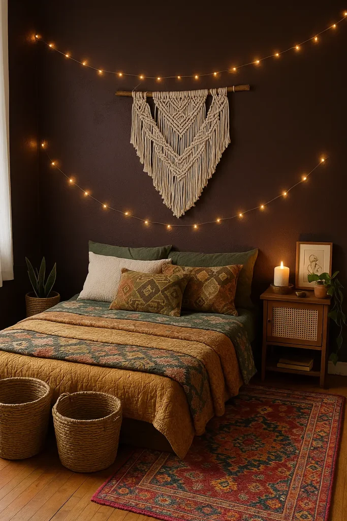 Budget dark boho bedroom with painted wall, macramé hanging, thrifted rug, and woven storage baskets.
