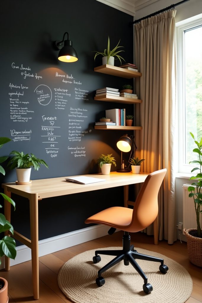 Modern home office with chalkboard wall, wood desk, warm lighting, floating shelves, and greenery.