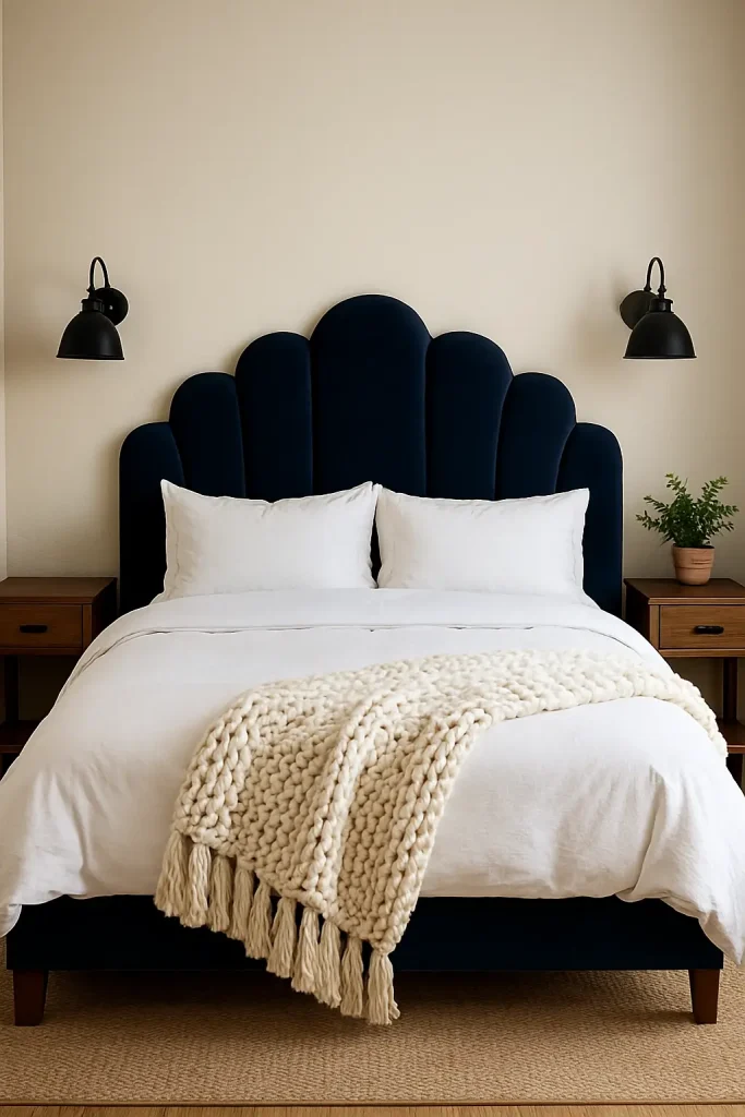 Farmhouse-modern bedroom with a navy velvet tufted headboard, white bedding, and cozy accents.