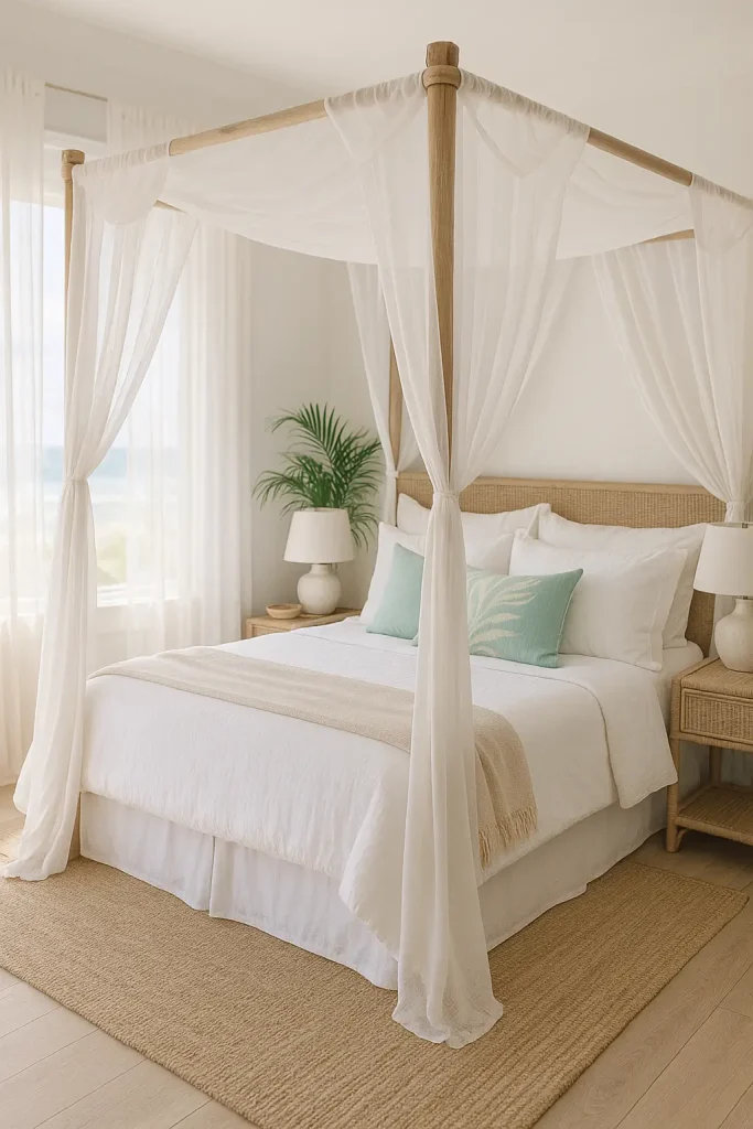 Coastal bedroom with sheer canopy bed, soft white linens, beachy textures, and romantic light tones.