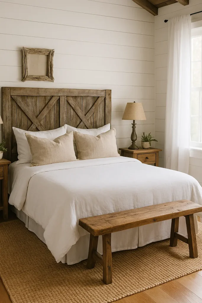Rustic beachy bedroom with barn door headboard, white linens, and a weathered wood bench.