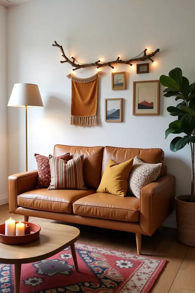 Cozy apartment living room with a tan leather sofa, decorative pillows, and stylish wall decor.