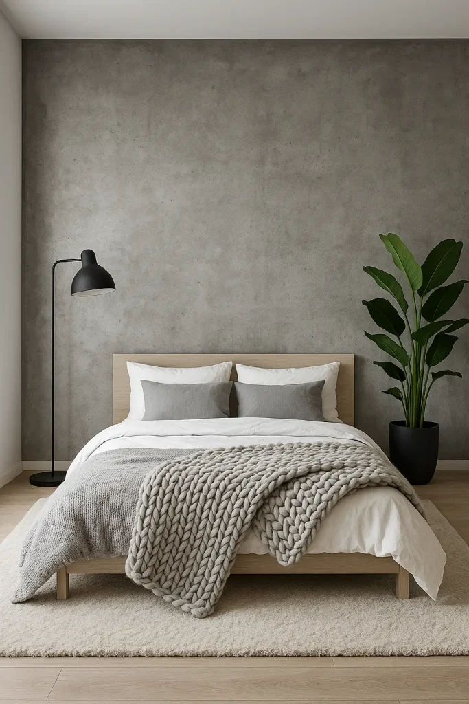 Modern bedroom with a raw concrete wall, soft bedding, warm lighting, and green plant accents.

