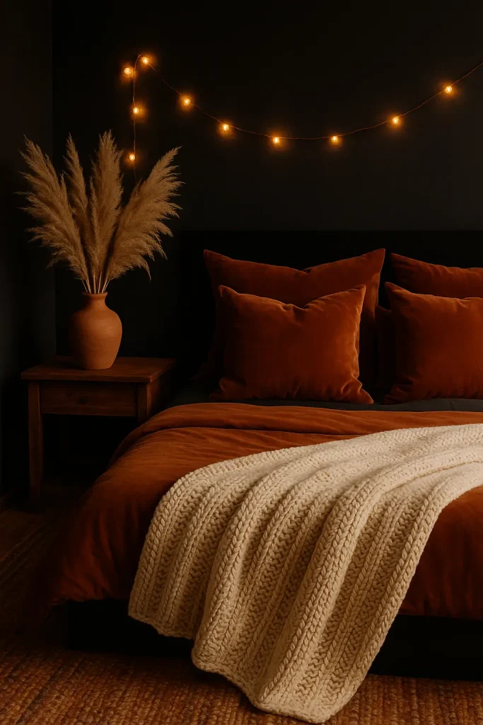 Dark bedroom with terracotta vase, rust pillows, pampas grass, and cozy cream throw on woven rug.

