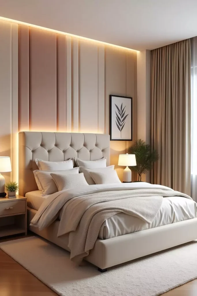 Cozy bedroom with taupe fabric panel wall, layered bedding, warm lighting, and soft textiles