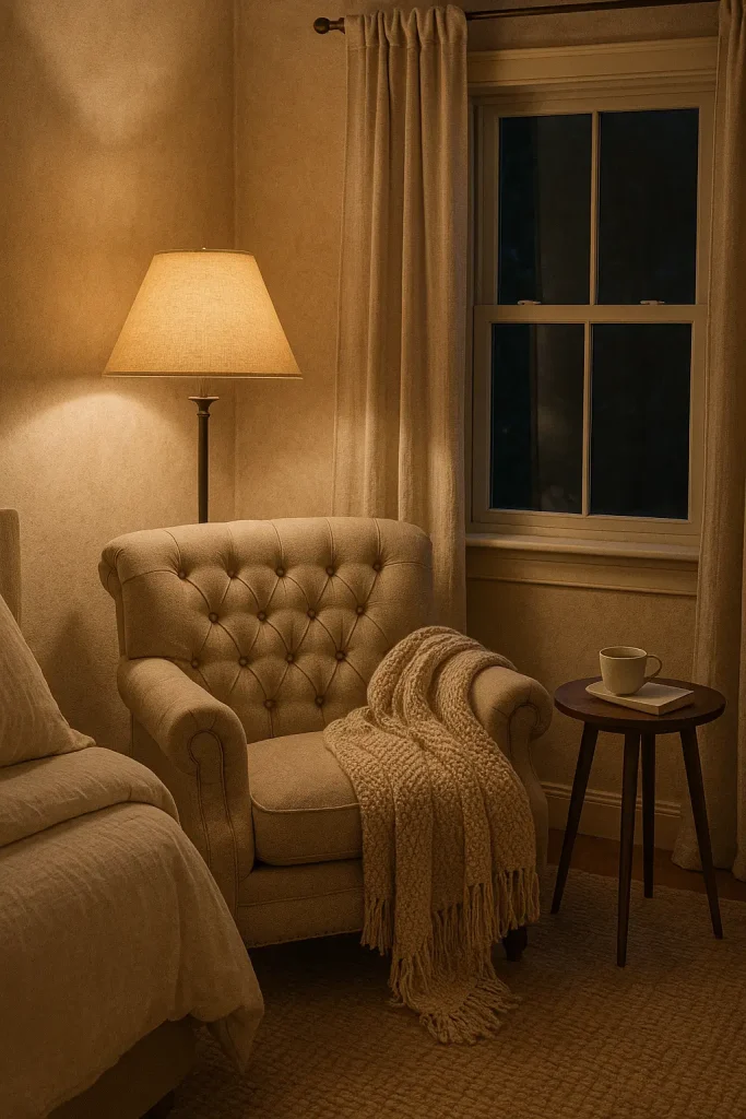 Tufted armchair by window with soft lighting and neutral tones in a cozy bedroom corner setup.

