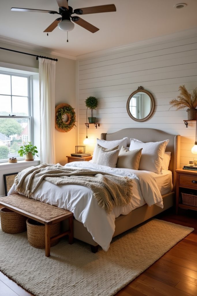 White shiplap bedroom with beige bed, rustic nightstands, warm lighting, and cozy farmhouse decor.