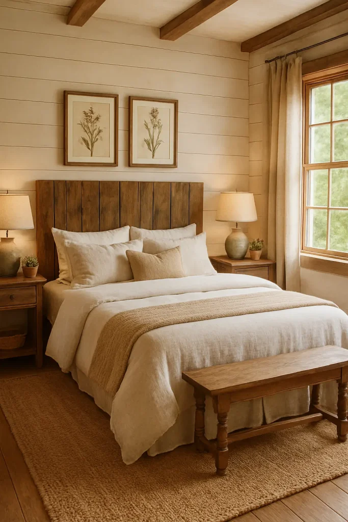 Rustic farmhouse bedroom with reclaimed wood headboard, soft bedding, warm lighting, and plants.