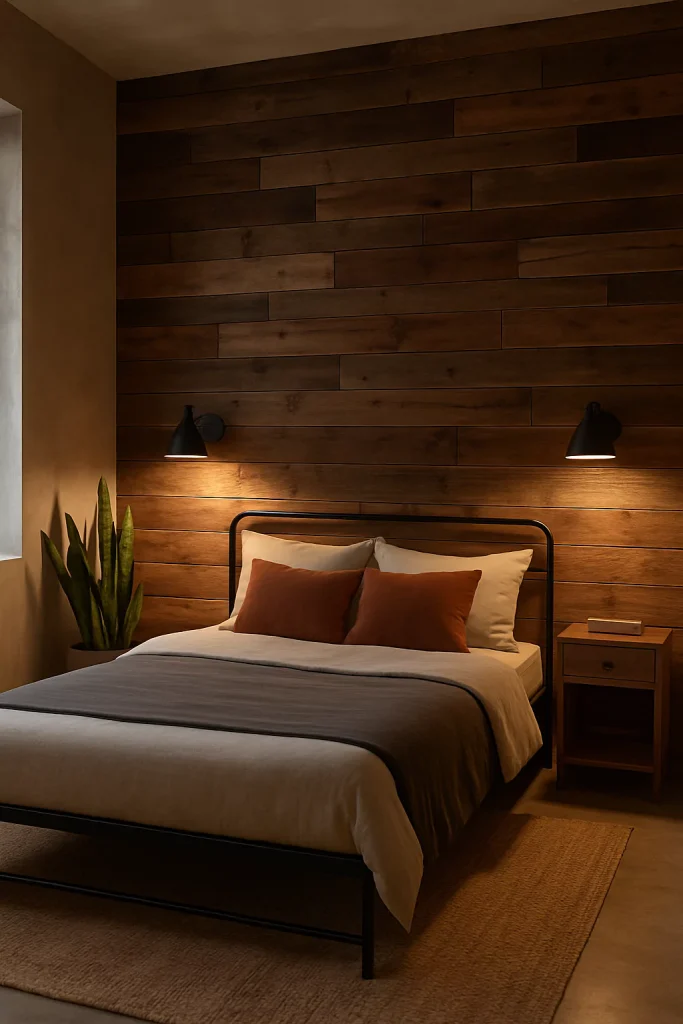 Bedroom with reclaimed wood accent wall, neutral bedding, black sconces, and rustic-modern decor.