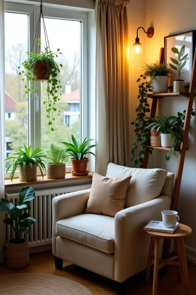 Cozy plant-filled apartment corner with shelves, soft textiles, hanging greenery, and natural lighting.