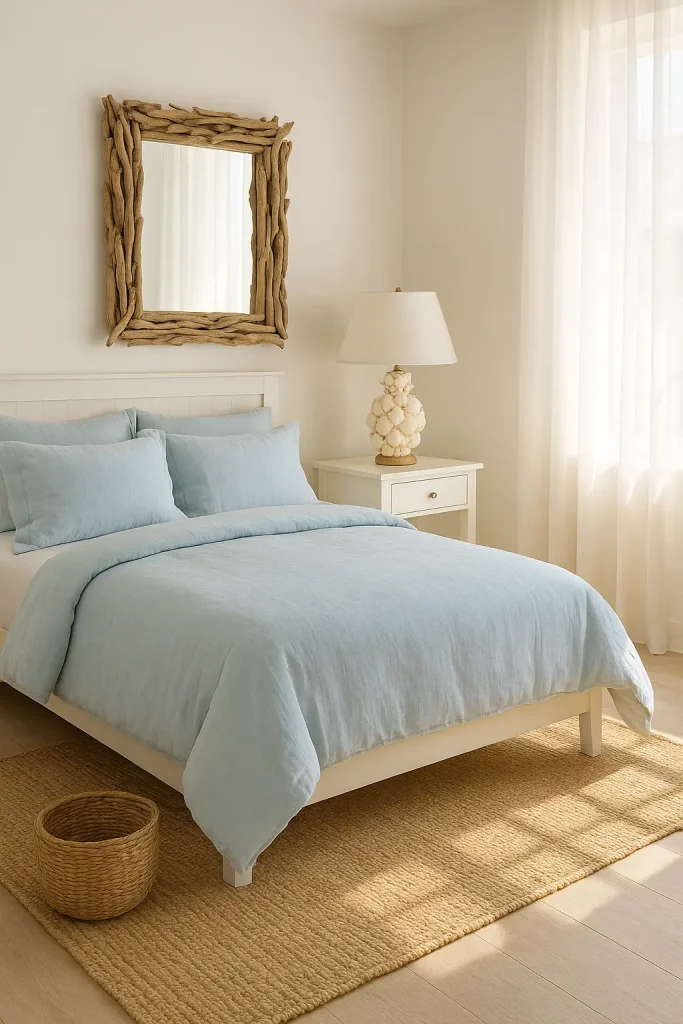 Coastal bedroom with white walls, blue bedding, jute rug, and driftwood mirror for a serene look.