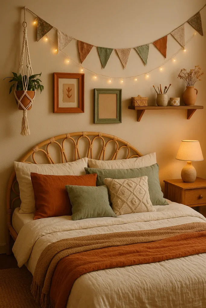 Boho bedroom with handmade macramé, painted frames, and bunting for cozy, personal charm.