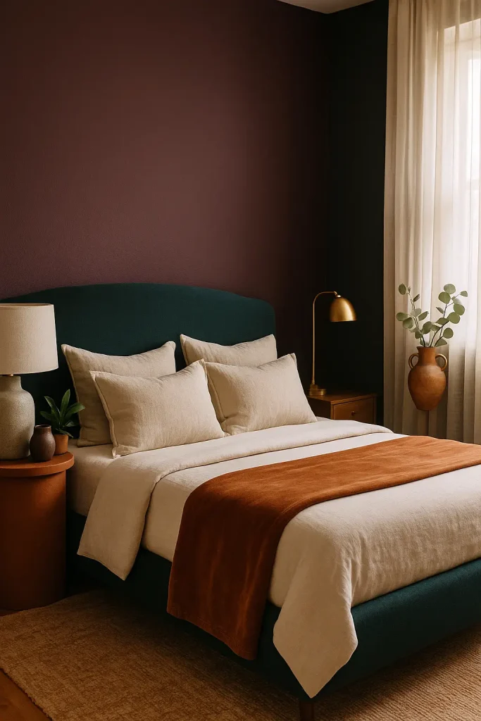 Bedroom with plum wall, teal bed, cream pillows, and terracotta accents in cozy, moody lighting.