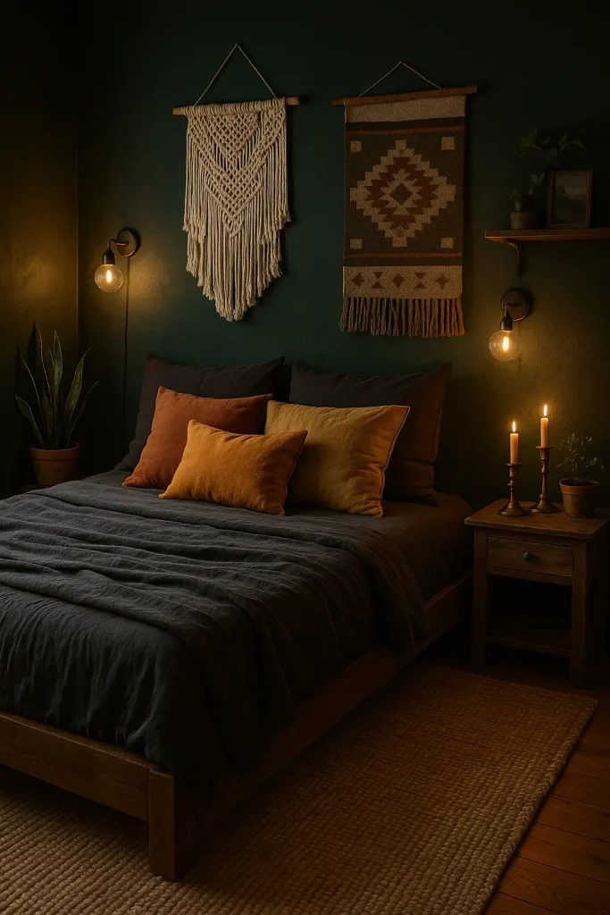 Dark boho bedroom with green accent wall, woven tapestry, jute rug, and brass candleholders.

