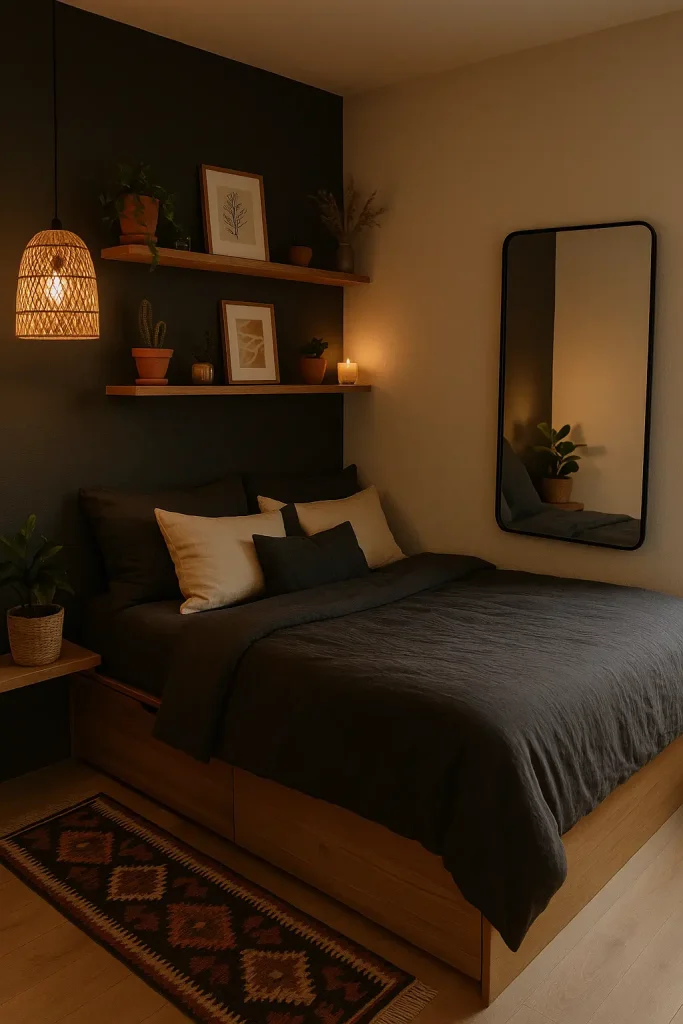 Small dark boho bedroom with a dark accent wall, storage bed, floating shelves, and a large mirror.

