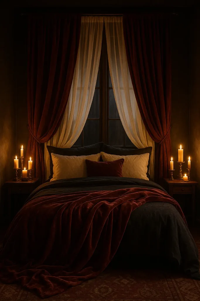 Romantic dark boho bedroom with burgundy curtains, soft candlelight, velvet bedding, and a plush throw.