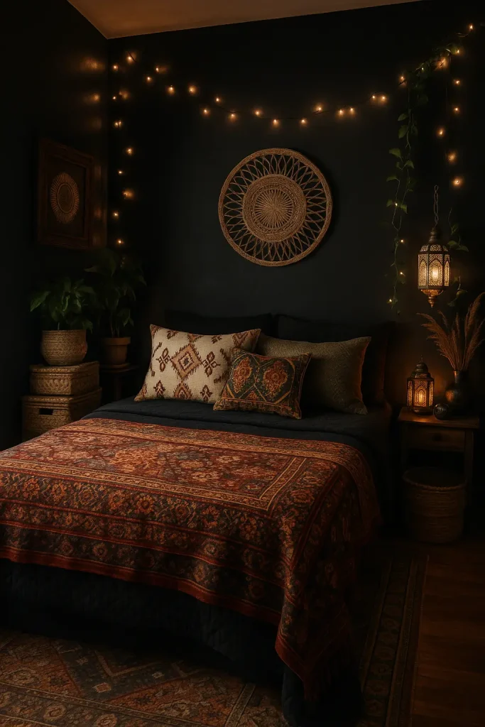 Dark boho bedroom with Moroccan pillows, Indian throw, woven basket, and thrifted decor.

