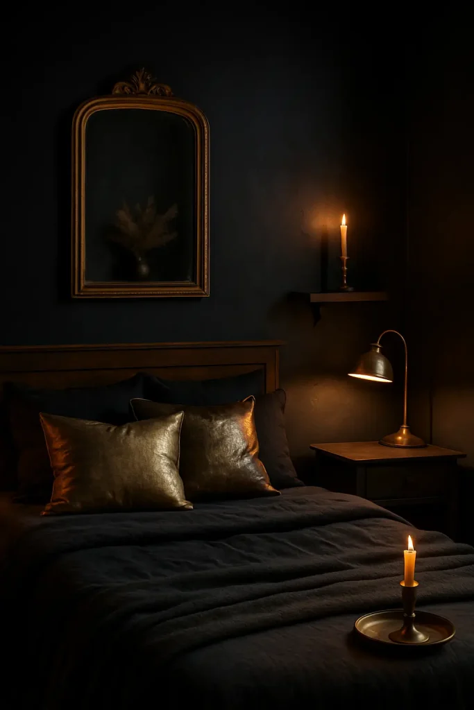 Dark boho bedroom with gold mirror, brass lamp, and metallic pillows for cozy, elegant shine.

