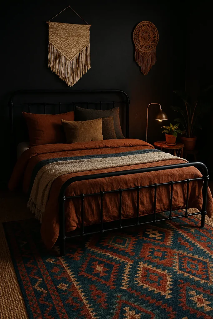 Dark boho bedroom with bold kilim rug, layered over jute, and styled with dark walls and cozy textures.