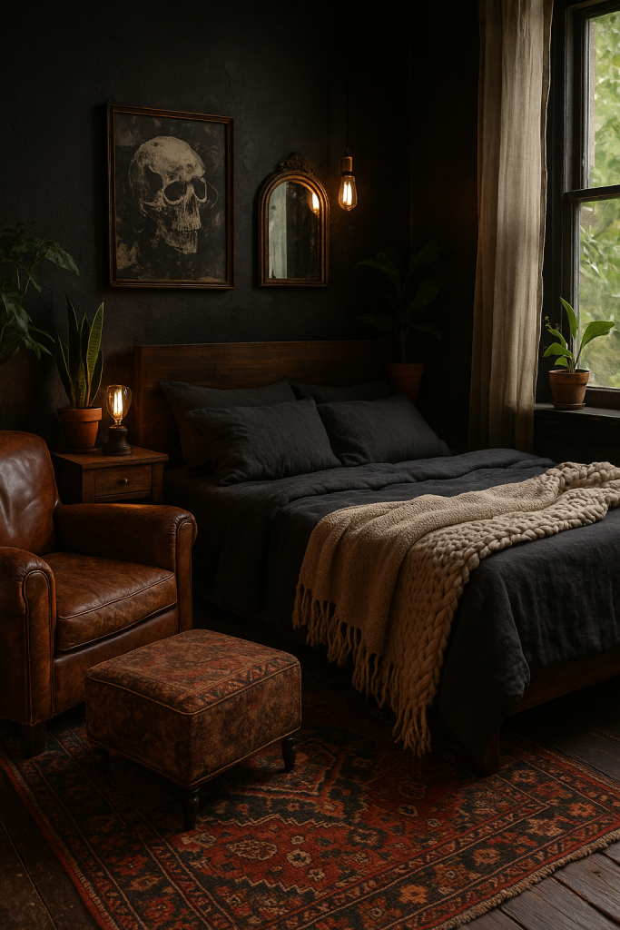 Dark boho bedroom with matte black walls, leather chair, kilim rug, and cozy layered textiles.