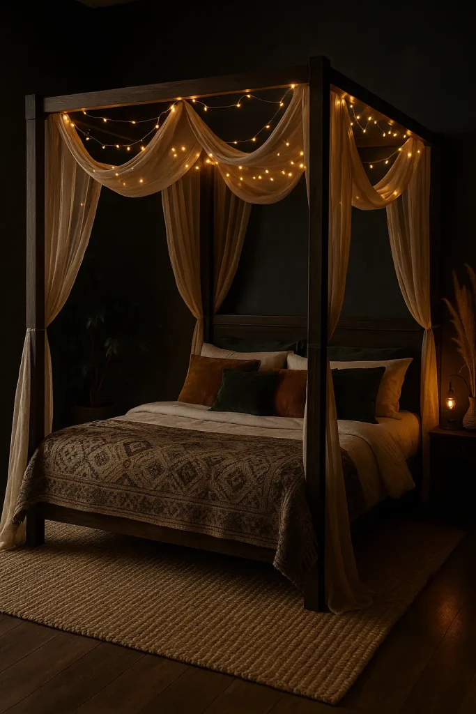 Dark wood canopy bed with sheer drapes, fairy lights, and patterned throw in a cozy boho bedroom.