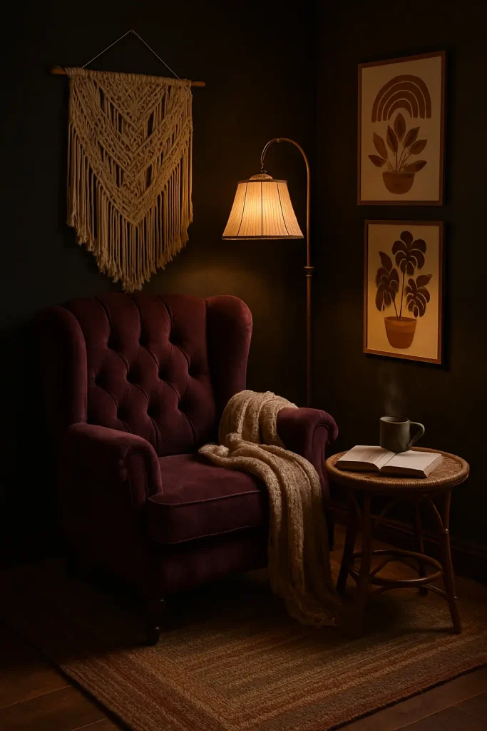 Dark boho reading nook with velvet chair, woven rug, floor lamp, and side table for cozy vibes.