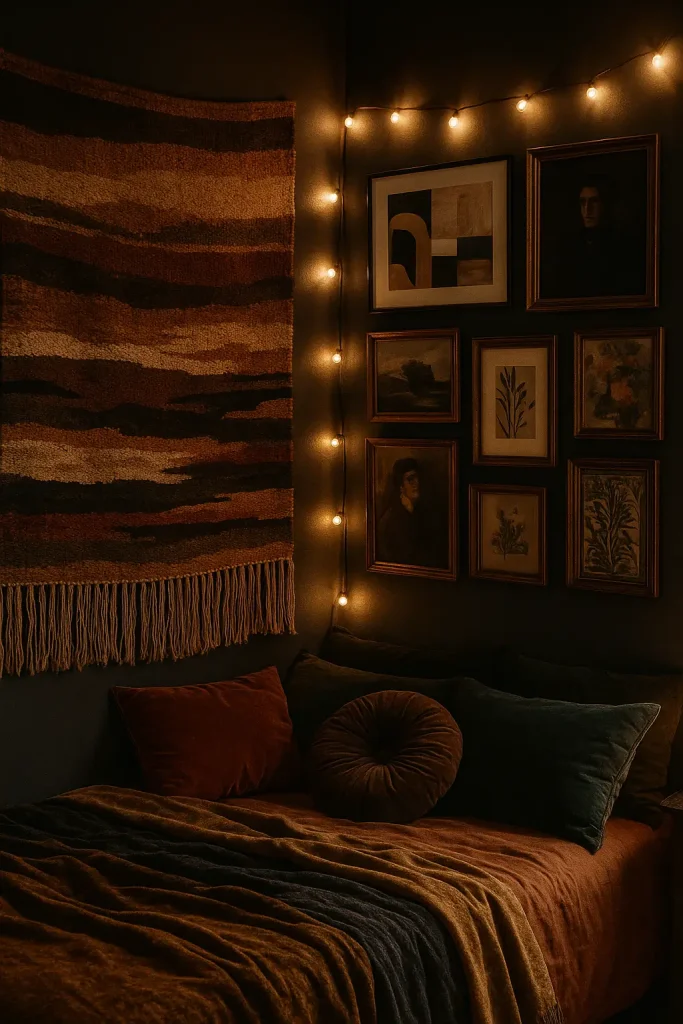 Dark boho bedroom with woven tapestry and bold gallery wall with thrifted art and moody lighting.