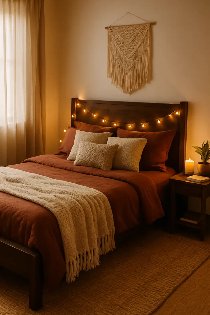 Dark wood bed with fairy lights, cream throw, and jute rug in a cozy boho bedroom setting.