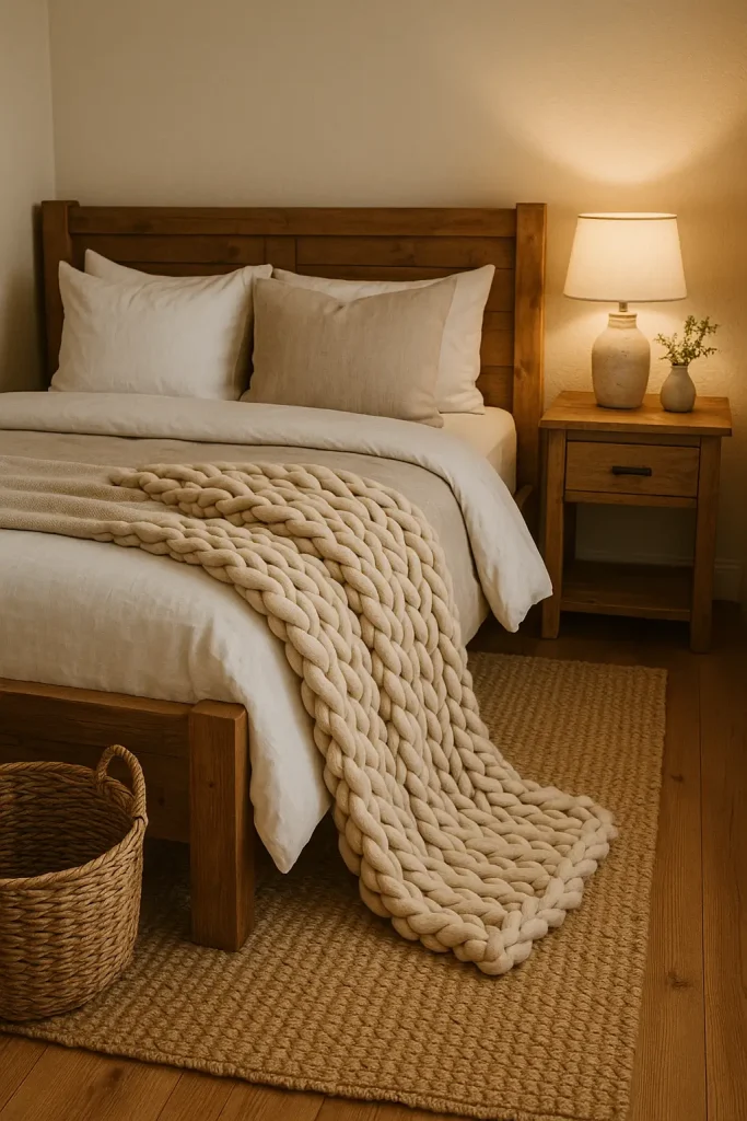 Farmhouse bedroom with a chunky knit throw on white bedding, warm lighting, and cozy textures.