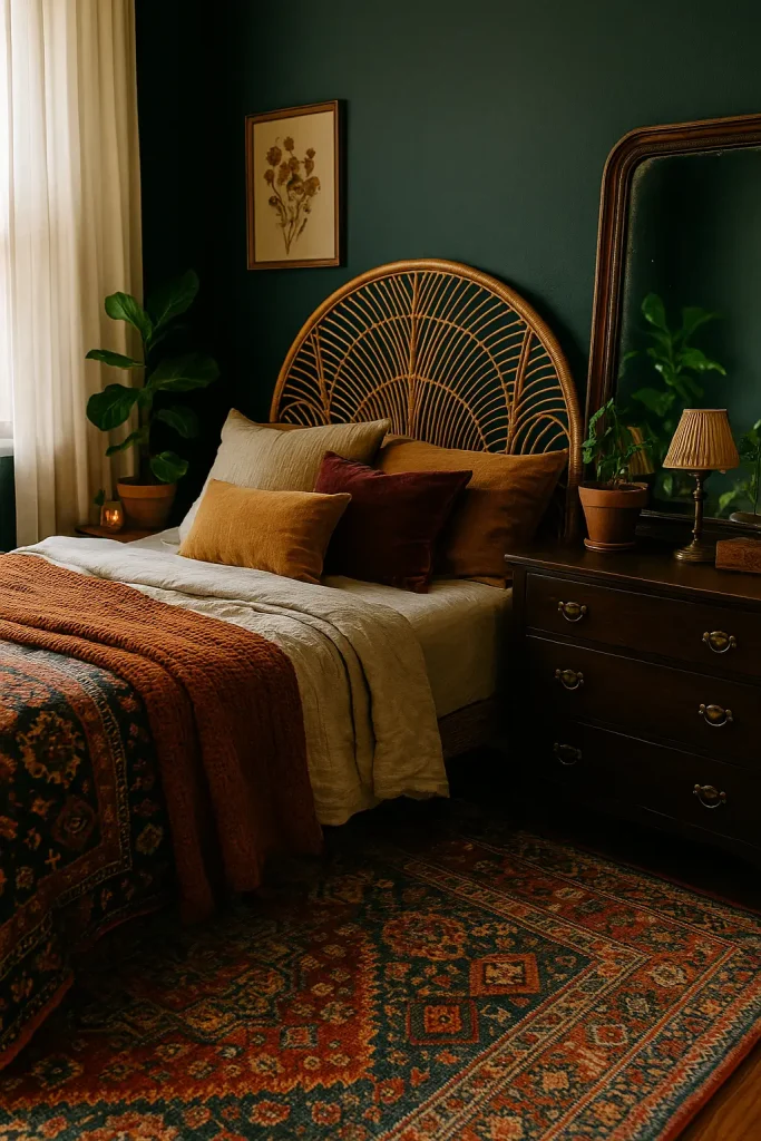 Eclectic bedroom with rattan headboard, dark wood dresser, colorful rug, and a large thrifted mirror.